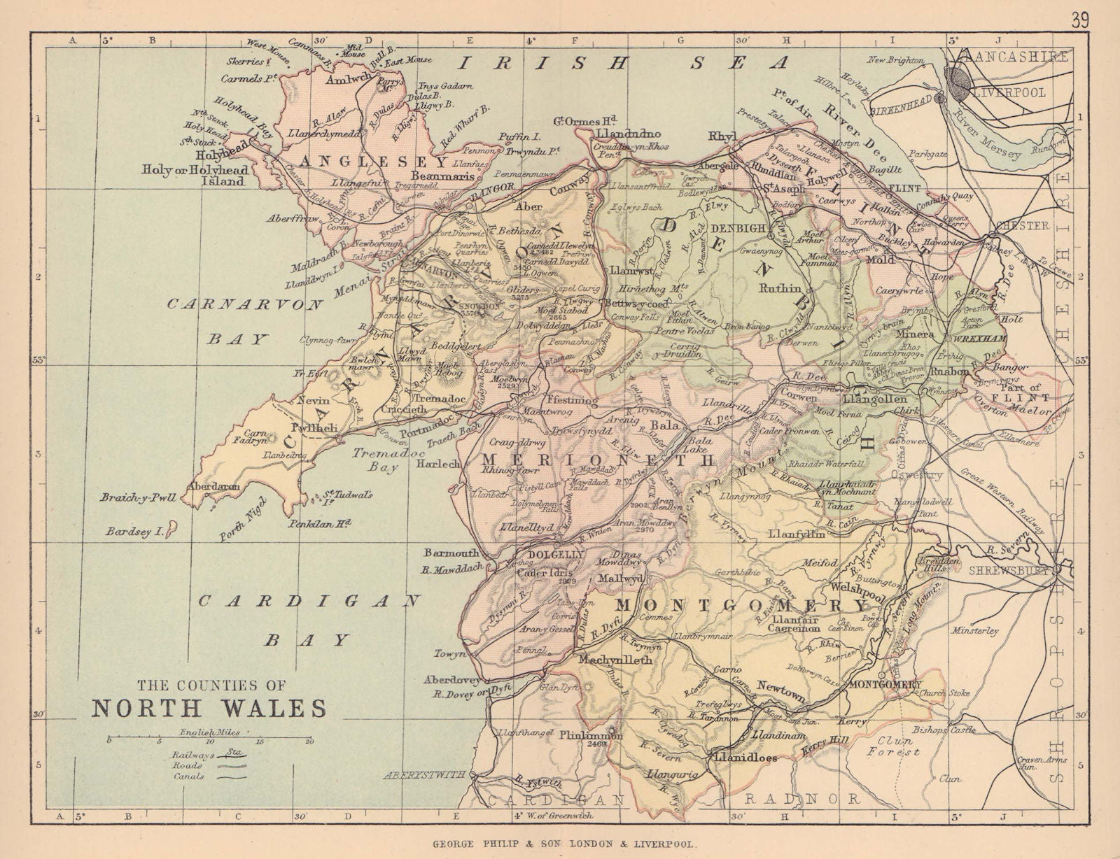 NORTH WALES. Antique map. Counties Railways roads canals. PHILIP 1885 old